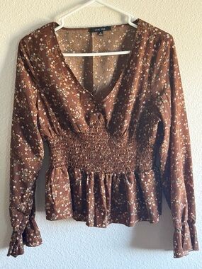 Love Tree Brown Floral Smocked-Peplum V-Neck Blouse